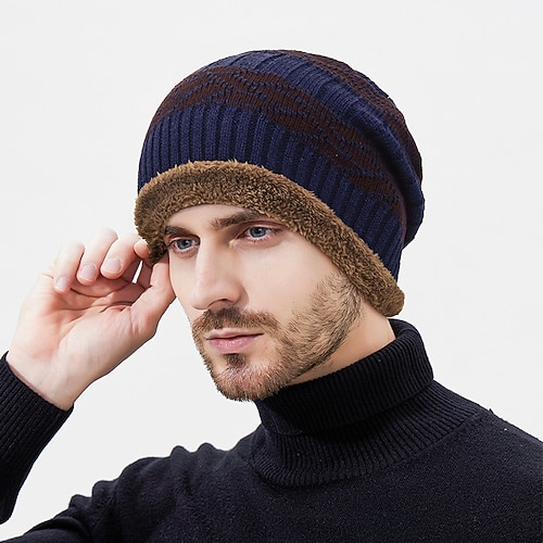 Herren Unisex Beanie Mütze Wintermützen Beanies Strickmütze Winter Beanie Schwarz Marineblau Acrylfasern Gestrickt Gemütlich Alltagskleidung Farbblock Warm Image