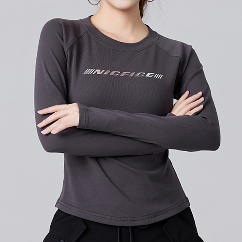 Damen Lauf-T-Shirt Fitnessshirt Sporttop Langarm Oberteil Athleisure Frühling Herbst Einfarbig Baumwolle Warm Weich Atmungsaktiv Fitnessstudio Wandern Training Sportbekleidung Sportkleidung Weinrot Image