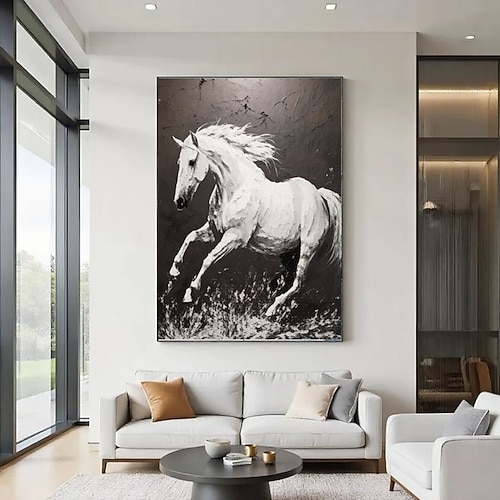 Strahlend weißes Pferd vor schwarzem Hintergrund, Acrylgemälde, vertikales Tierbild auf Leinwand, Dekoration in Schwarz-Weiß, großformatiges Ölgemälde, große Wandkunst Image
