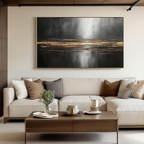 Ölgemälde, Weihnachtsgeschenk, handgemaltes abstraktes Gemälde in Schwarz und Gold, minimalistische Wandkunst, moderne abstrakte Wanddekoration, minimalistisches Kunstwerk für Wohnzimmer und Image