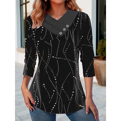 Damen Shirt Grafik Weihnachtsmann Schneeflocke Elegant Vintage Stylisch Langarm Rundhals V-Ausschnitt Regulär Oberteile Alltag Knöpfe Print Schwarz Rot Grün Frühling Herbst Winter Image