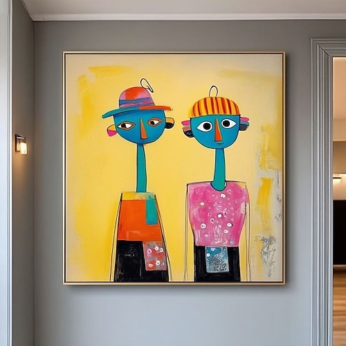 Handgemaltes abstraktes Porträt zweier Figuren, Ölgemälde auf Leinwand, großes Original, Cartoon-Kunst für Kinderzimmer, luxuriöse Wandkunst, moderne Wohnzimmerdekoration Image