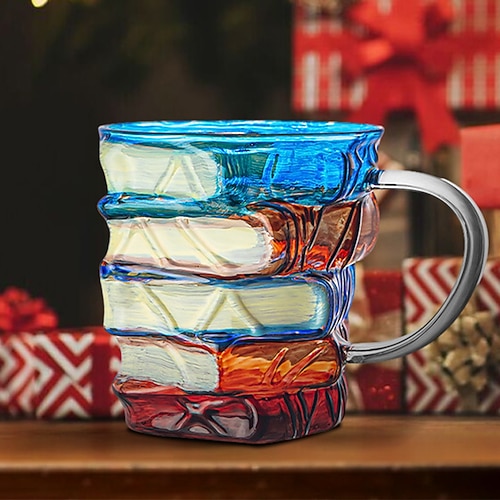 Bemalter Buchbecher, origineller 3D-Buchbecher als Weihnachtsgeschenk, einzigartiger Kaffeebecher aus buntem Glas mit Bücherstapel, Sammlerstück für Leseratten, Bibliothekare und Literaturliebhaber Image