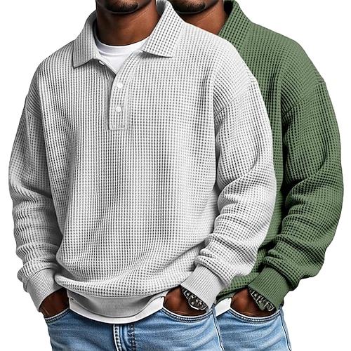 Herren Waffel-Poloshirts Textur Lässig Geschäft Klassisch Langarm Mode Einfarbig 2 teilig Mehrfachpackung Herbst Frühling Herbst Lässiger Schnitt 3# 7# 9# 10# 1 # Waffel-Poloshirts Image