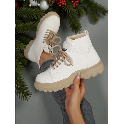 Weiße Schnürstiefeletten für Damen – Winterstiefel mit dicker Sohle, stylisch für Weihnachten, Streetwear und Freizeit. Image