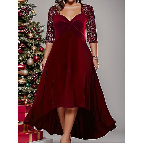 Damen Plus Size Pailletten Kleid Einfarbig V-Ausschnitt 3/4 Ärmel Frühling Herbst Elegant Midi Kleid Party Hochzeitsgast Kleid Image