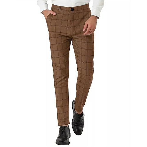 Herren Hose Anzughose Chinos Tasche Knöpfe Karomuster Komfort Formell Party Arbeit Mode Klassicher Stil Schwarz Wein Mikroelastisch Image