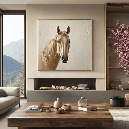 handgemaltes abstraktes Pferdebild, großes abstraktes Tierbild, beige Wandkunst, moderne abstrakte Kunst, große Leinwandkunst, Acrylmalerei Image