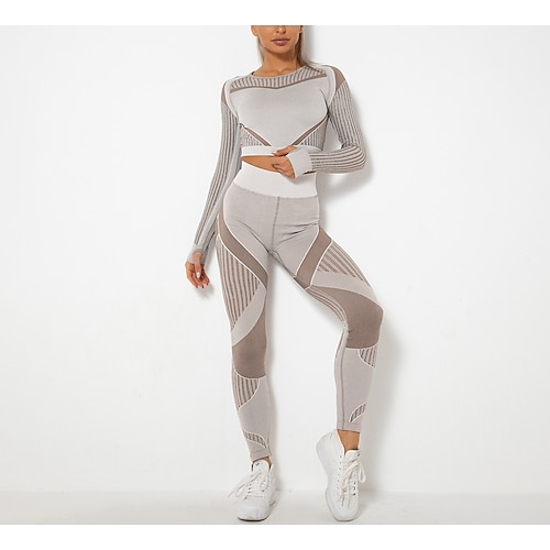 Damen 2 Stück Yoga-Anzug 2-teiliges Trainingsset Streifen Kombination Sommer Dunkelgrau Schwarz Fitnesstraining Volleyball Laufen Hohe Taille Elastisch Atmungsaktiv Sport Sportkleidung Enge Passform Image