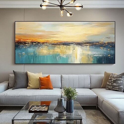 Ölgemälde, handgemalt, abstraktes Sonnenuntergangs-Meeresbild, großformatiges, strukturiertes Ozeangemälde, Impasto-Technik, Strandwandbild, farbenfrohe Himmelsspiegelung, Leinwandkunst, Image