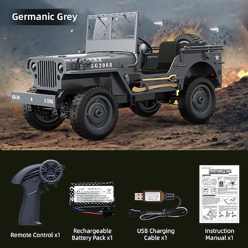 Sammlermodell RC Militärfahrzeug - Vintage Militär Willys Jeep Stil Ferngesteuertes Auto - Detailliertes Modell für Enthusiasten Kinder Weihnachtsgeschenk Image