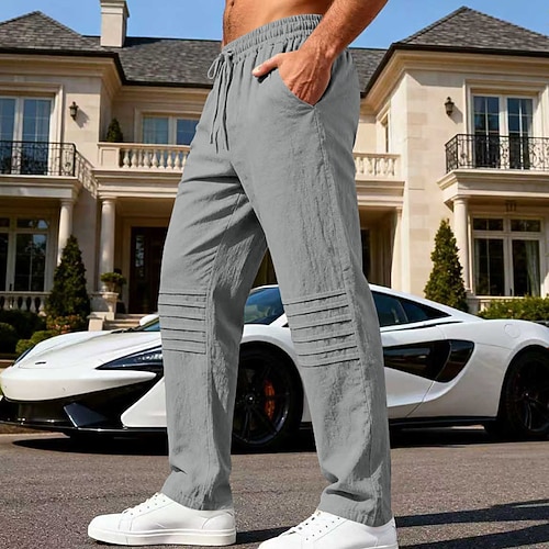 Herren Hose aus Baumwollleinen Hose Strandhose Kordelzug Tasche Elastischer Bund Einfach Komfort Atmungsaktiv Urlaub Täglich Ferien Hawaiianisch Boho Schwarz Weiß Image