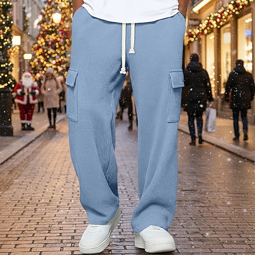 Herren Waffel Cargo-Jogginghose Hose Gerade geschnittene Sweatpants Kordelzug Elastischer Bund Mehrere Taschen Einfach Feuchtigkeitsableitend Atmungsaktiv Volle Länge Sport im Freien Lässig Täglich Image