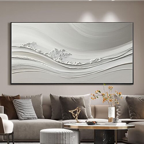 Handgemaltes Ölgemälde mit grau-weißen Wellen, modernes abstraktes Meereswellen-Seestück, Wanddekoration, gerollte Leinwand Image