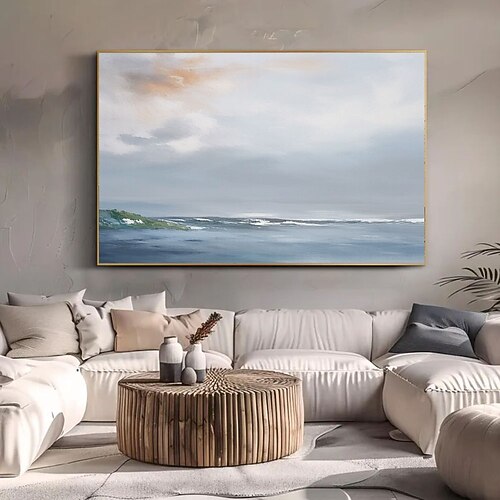 handgemaltes Ölgemälde mit grauen Meereswellen, handgefertigtes Küstenbild, Wandkunst, minimalistische Meereslandschaft, moderne Stranddekoration, dunkelblaue Meeresleinwand, Image