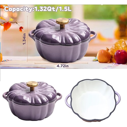 Kürbis-Bratentopf, antihaftbeschichteter, emaillierter Kürbis-Schmortopf mit Deckel, Schmortopf mit Deckel, Kürbisauflauf mit Herbst- und Thanksgiving-Dekoration, perfekt zum gleichmäßigen Garen und Image