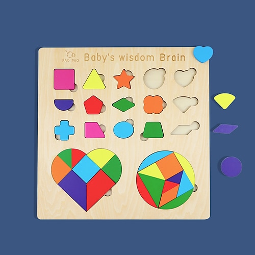 3-in-1 Holzpuzzlebrett - Tangram Blöcke Tic-Tac-Toe Spiel - Montessori Lernspielzeug für Kinder Familie Weihnachtsgeschenk Image