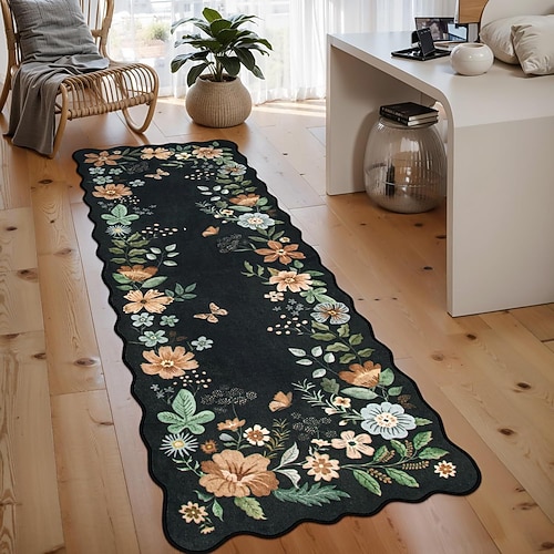 Läuferteppich für Flur Wohnzimmer weich rutschfest maschinenwaschbar langer floraler Kristall-Velours Bodenteppich staubbeständig langlebig leicht zu reinigen Vintage-Stil Wohnkultur Matte Image