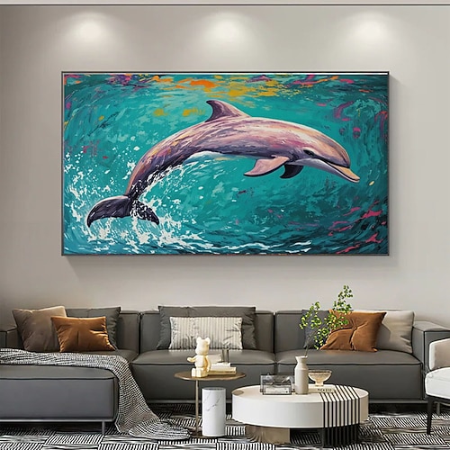 Handgemaltes abstraktes Delfin-Ölgemälde auf Leinwand, große Formate, Wandbild-Poster, Tier-Wohndekoration, Geschenkidee für Delfinliebhaber Image