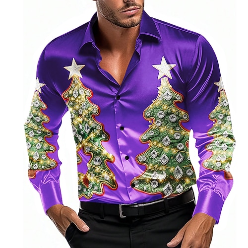 Weihnachten Herren Weihnachtsbaum Farbverlauf Hemd Satinhemd Kleidhemd Langarm Modisch lässig Party Ferien Sommer Frühling Herbst Umlegekragen 3D-Druck Hemden mit Knopfleiste Blau Rot Schwarz / Grün Image