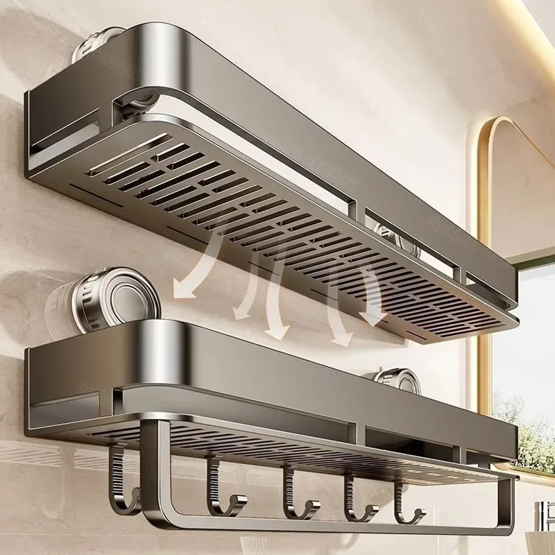 Support adhésif pour salle de bain, sans perceuse, ventouse, étagère de salle de bain, toilettes, support suspendu en aluminium, organisateur de salle de bain, accrocher au mur
