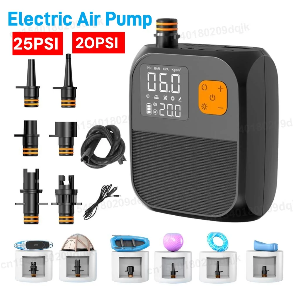 Elektrische Paddleboard-Pumpe, wiederaufladbar, 20/25 PSI, SUP-Pumpe, zweistufige Inflation, tragbare elektrische Pumpe für Kajaks, Fenster, SUPs Image