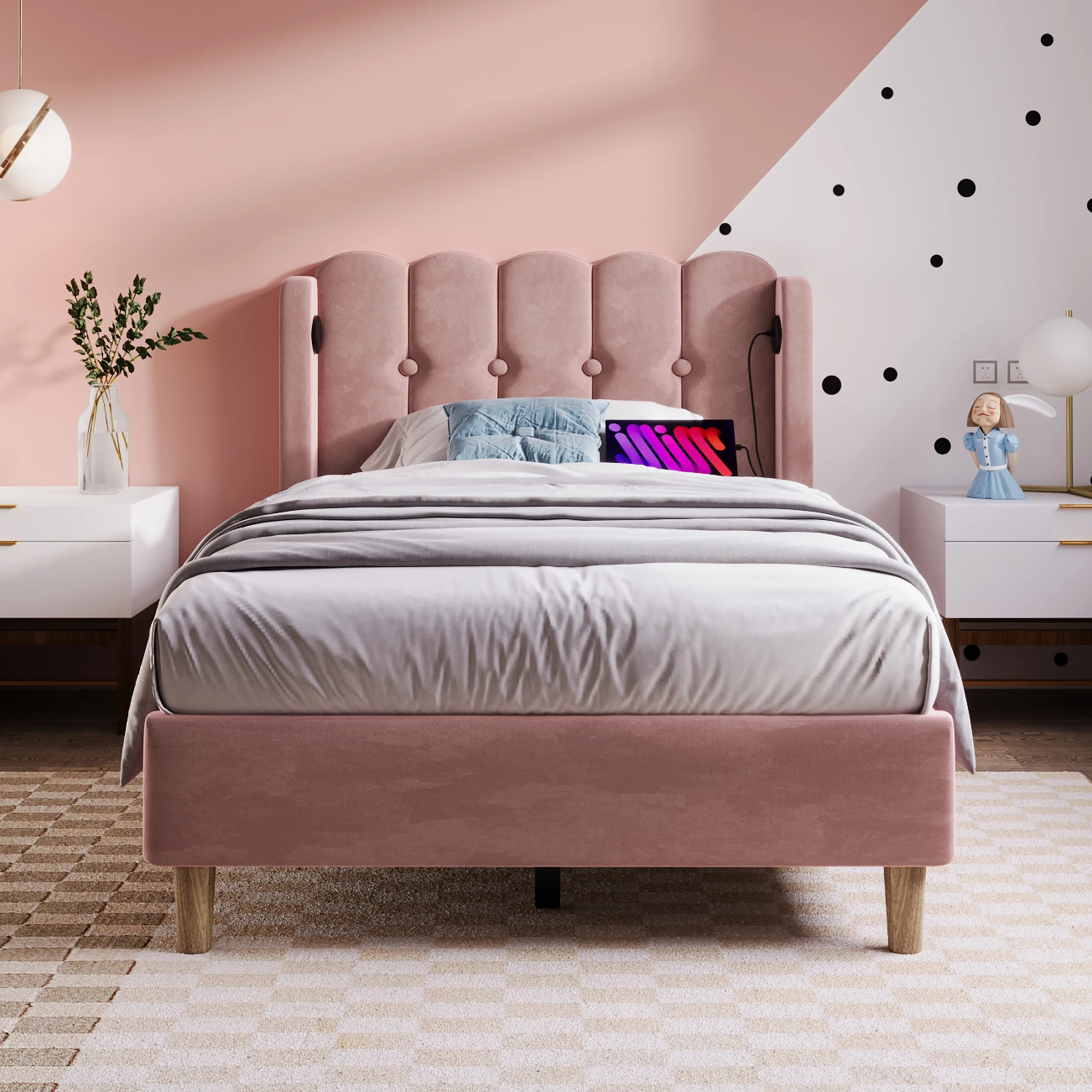 KOMHTOM Einzelbett 90x200 cm Rosa Samt - USB Typ C Ladefunktion, Bettgestell mit Lattenrost, ohne Matratze Image