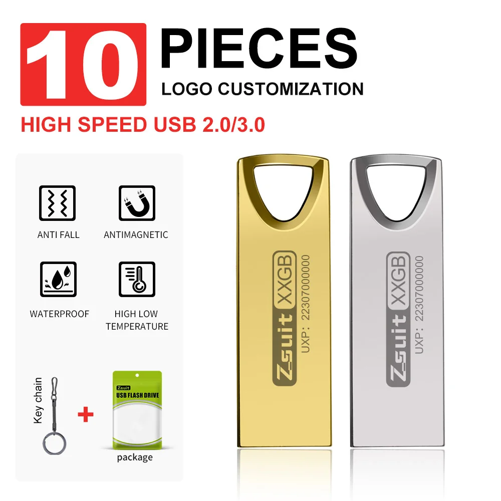 Zsuit 10 pièces clé USB 64GB clé USB 2G 4G 8G clé USB en métal clé USB 32G clé mémoire gratuit Logo personnalisé Flash Usb 3.0