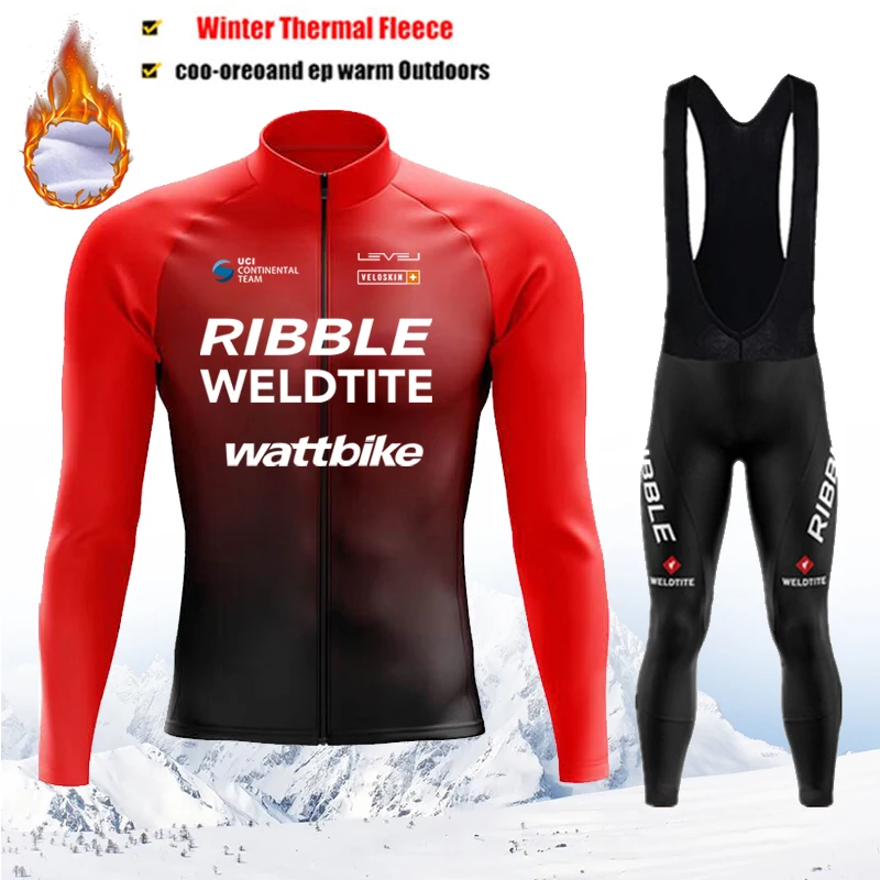 Winter Thermal Red Radtrikot Set Herren Atmungsaktives Langarm-Fahrradshirt Trägerhose Mountainbike-Kleidung für Herren Reiten Image