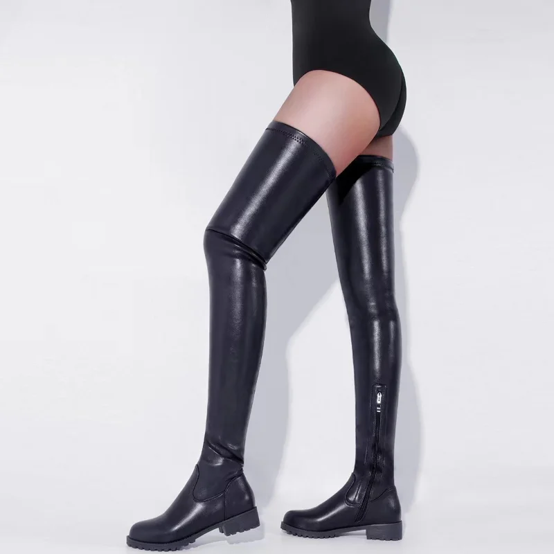 Punk-Stil Damenstiefel, große Größe 35–44, sexy Overknee-Stiefel, Damen-Winterschuhe, Plattform, mittlerer Absatz, Oberschenkelhohe Stiefel, Schwarz 2023