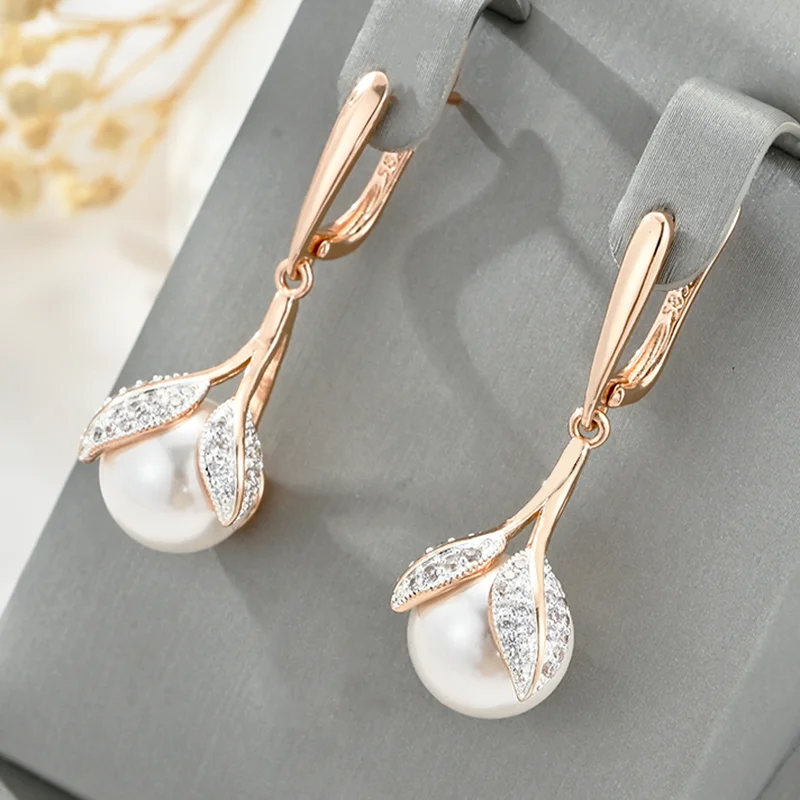 Wbmqda Weiße große Perle, lange Tropfen-Ohrringe für Frauen, 585er Roségold, Farbe, Luxus-Hochzeitsschmuck-Accessoires Image