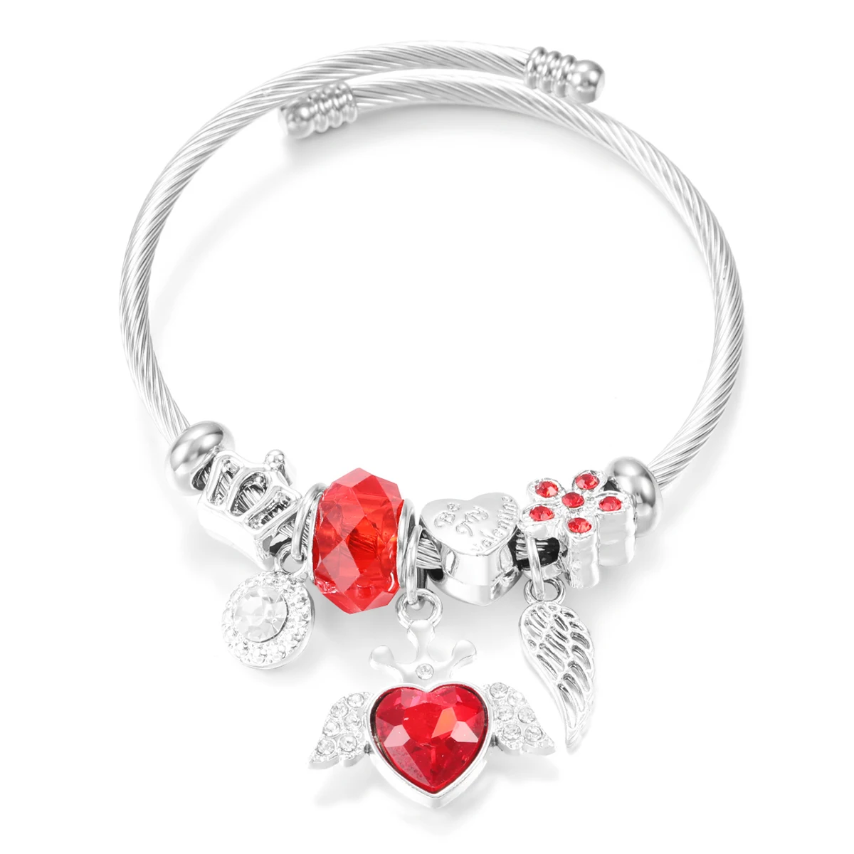 Trendy herzförmige Engelsflügel Kristall Perlen Anhänger Armband Edelstahl 4 Farben Verschluss Armreifen Frauen Armband Schmuck Image
