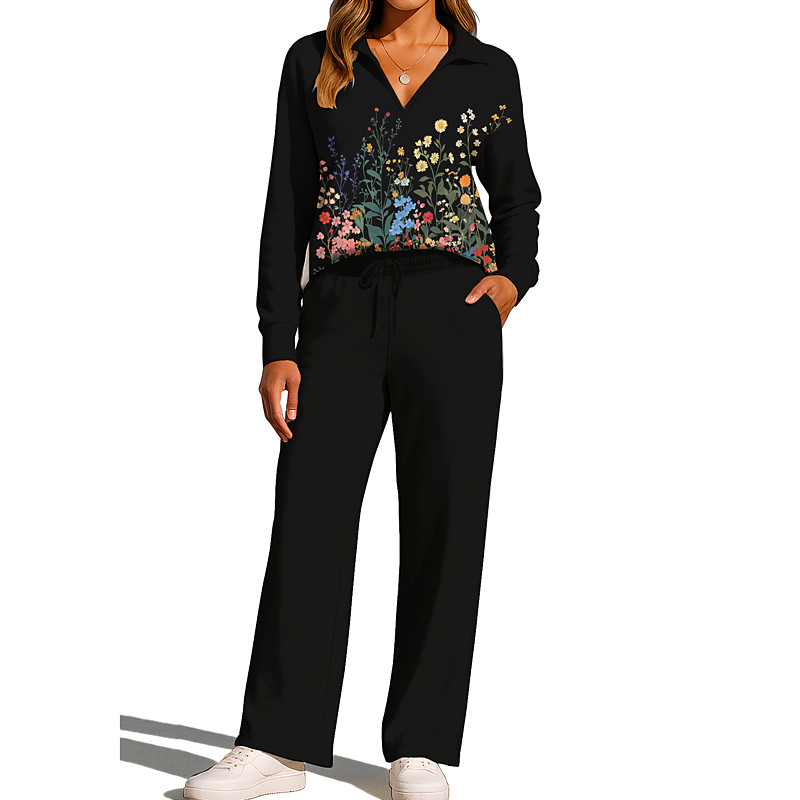 Women's Sweatshirt Tracksuit Sweatpants Drawstring Pocket Floral Print Jacket and Sweatpants Athletic Clothing Set Loungewear Summer Spring Fall Winter Navy Black Gym Workout Casual Workout Thermal