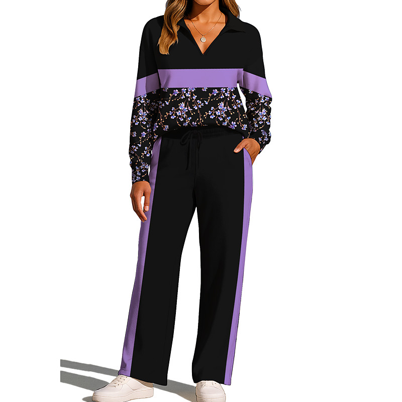 Women's Sweatshirt Tracksuit Sweatpants Drawstring Pocket Floral Jacket and Sweatpants Athletic Clothing Set Loungewear Summer Spring Fall Winter Blue / Black Violet Gym Workout Casual Workout