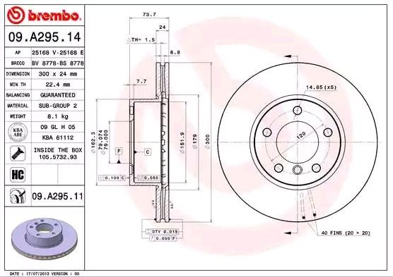 BREMBO Bremsscheibe BMW 09.A295.11 34116764643,34116772669,34116783752 Bremsscheiben,Scheibenbremsen 34116854998 Image