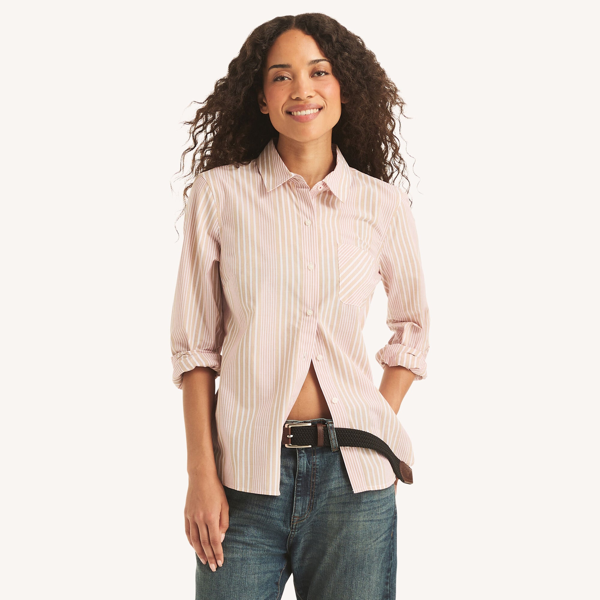 Nautica Women's Striped Button-Up Shirt 248 (British Khaki), XS