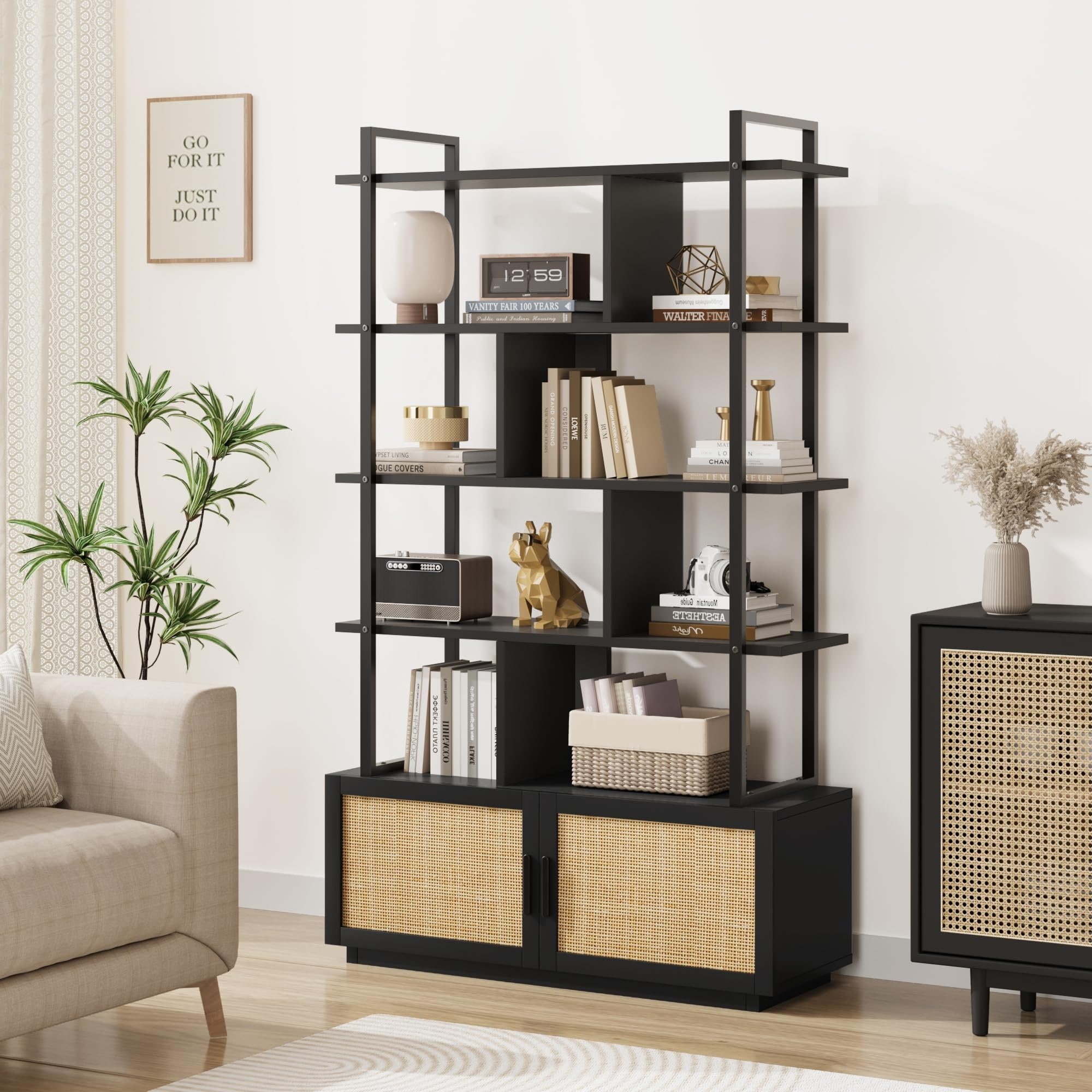 5-Tier Rattan Bookshelf with Storage Cabinet, 71