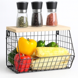 Relaxdays Obstkorb Wandregal, Ablagebrett, Küchenorganizer zum Hängen, HBT 22x30x20 cm, Gitterkorb Metall, schwarz/natur Image