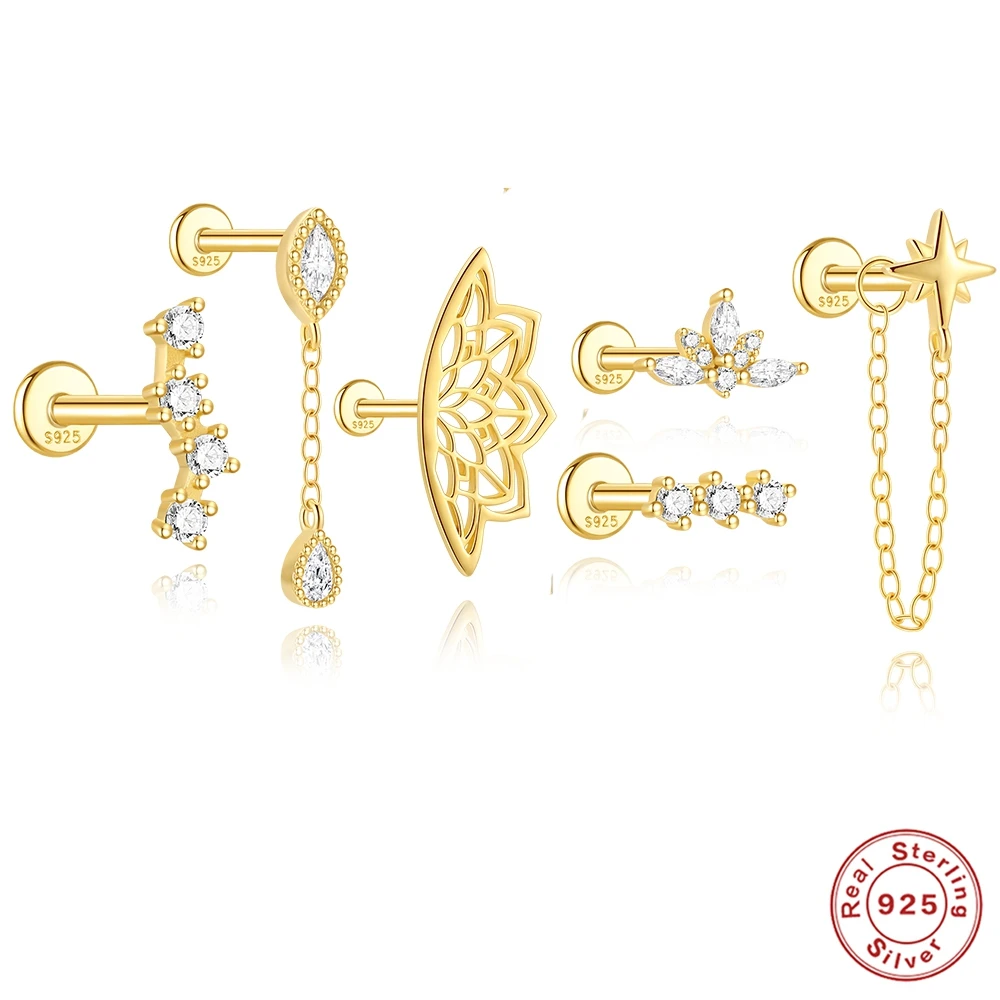 AIDE 1 STÜCK 925 Sterling Silber Hohle Lotus Piercing Ohrringe CZ Gepflastert Gewinde Labret Ohrstecker Tragus Lippenring Körperpiercing Ohrstecker