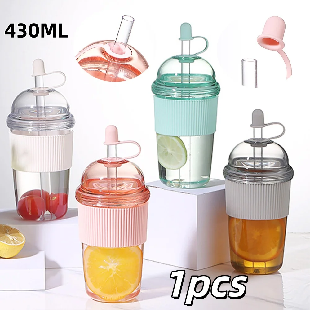 1pc 430ml Tragbare Flip Stroh Tasse Kunststoff Ins Stil Hohe Kapazität Wasser Flaschen Tee Kaffee Milch Wärme-beständig Saft Gelee Tassen Image