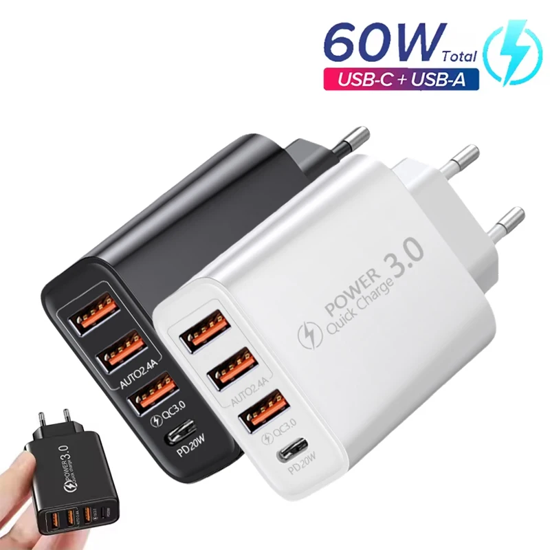 60 W USB-Ladegerät 4 Ports PD Typ C Schnellladung Telefon Wandladegerät Adapter Schnellladung für iPhone 15 14 Samsung Xiaomi Huawei Image