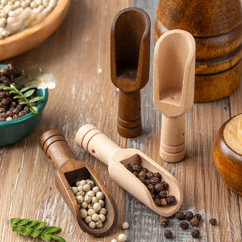 2/5 stücke Holzgriff Kleine Salz Schaufel Scoop Teelöffel Gemahlen Milch Pulver Kaffee Scoops Würze Löffel Image