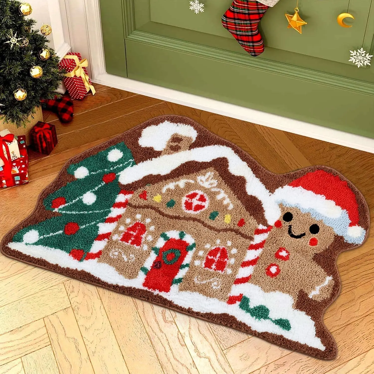 VIKAMA 2025 Weihnachts-Lebkuchenhaus-Teppich, weiches Schlafzimmer-Seitenkissen, Eingangsbodenmatte, Badezimmer-Bodenmatte, Heimdekoration Image
