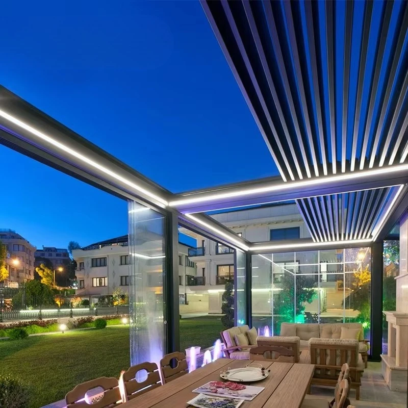 Einziehbares Dach, Pergola, Lounge, Garten, Hinterhof, Aluminium, elektrisch, vollständig einziehbare Jalousien, verstellbares Schattiersystem