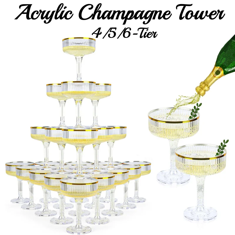 Bicchieri da champagne in plastica con torre di champagne in acrilico a 4-6 livelli, bicchieri da martini, per matrimoni, feste di compleanno, 7 once trasparenti