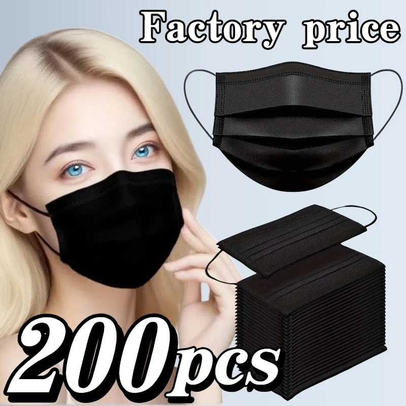 200 Stück dicke schwarze Einweg-Schutzmasken – 3-lagig, atmungsaktiv und bequem, verstellbare Ohrschlaufen und eng anliegende Nasenpads – 200/100/50/10 Stück, günstig für den Heimgebrauch, kann in Image