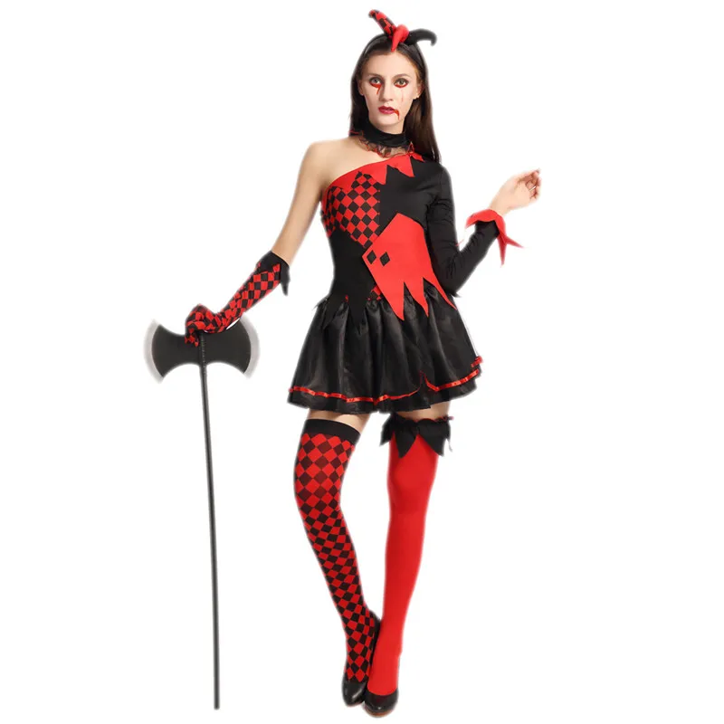 Adult Poker Pattern Evil Circus Cosplay Costume Jester Clown Cosplay Dress Outfit Women Halloween Carnival Party Costume