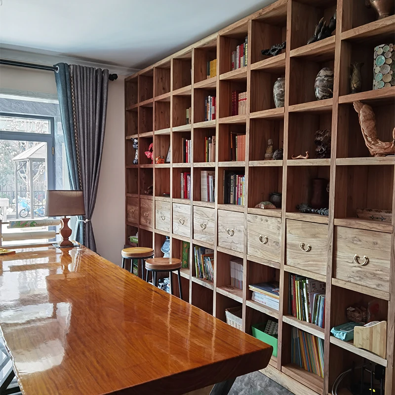 Altes Ulmen-Bücherregal, individuelles Bücherregal für die ganze Wand, Massivholz-Bücherregal, Gitterregal, individuelles Vollwand-Bücherregal, Bodenregal Image