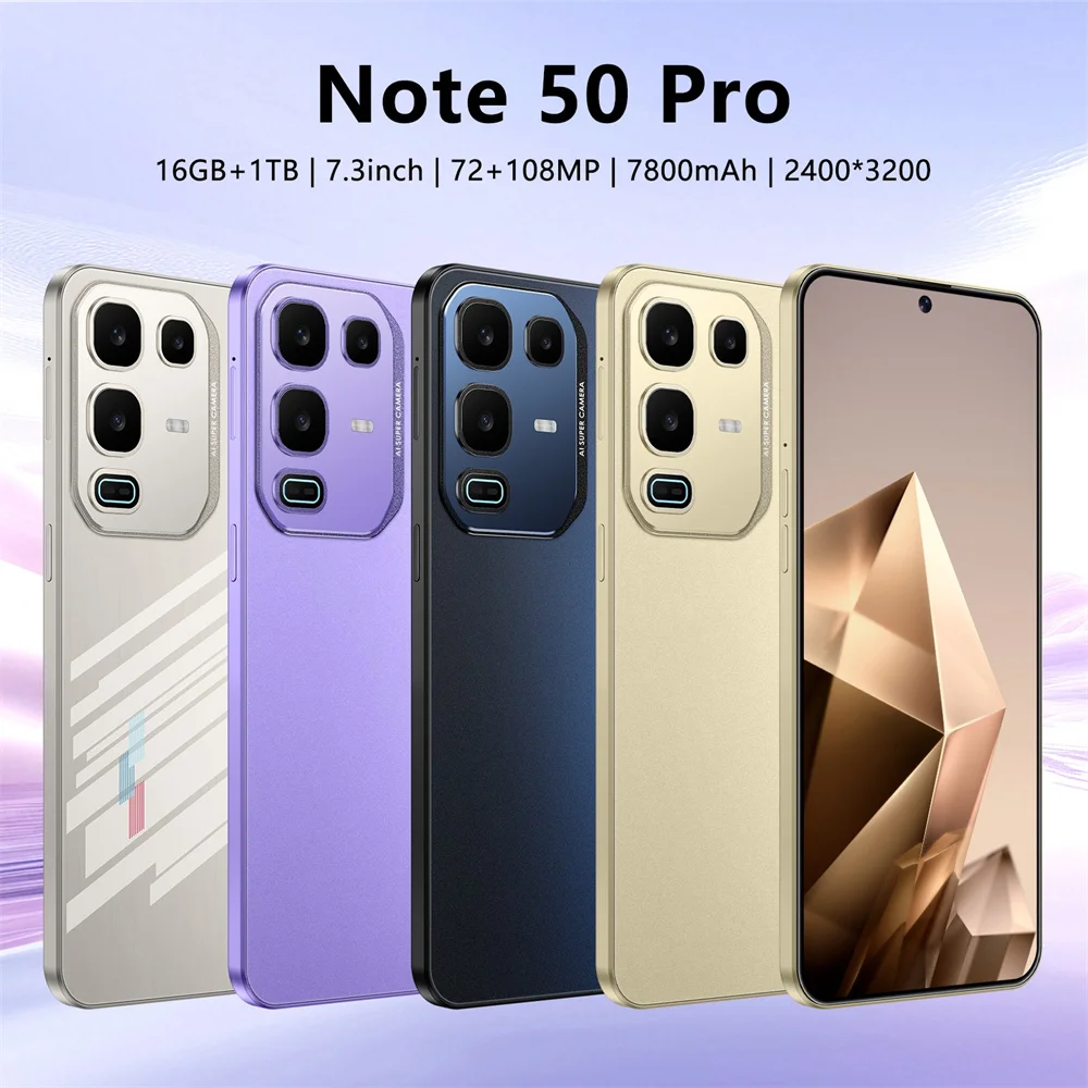 2026 Smartphone For Note 50 Pro 7.3inch Android 15 Cell Phone 5G Dual Card 7800mAh Global Edition Facial Unlocked Mobile Phones