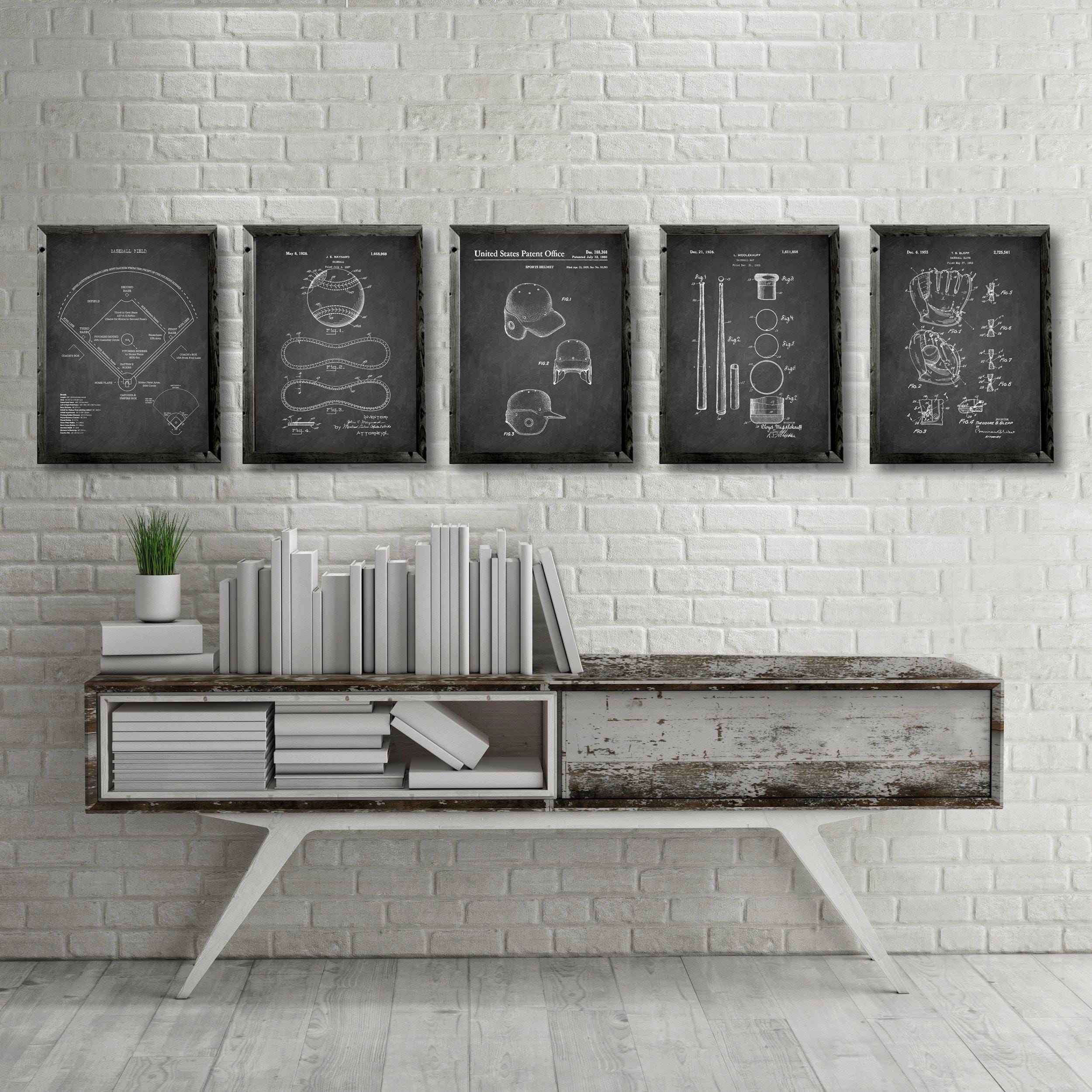 Set di 5 poster brevetti BASEBALL, poster campo da baseball, brevetto guanto da baseball, brevetto mazza da baseball, stampa casco da baseball, arreda